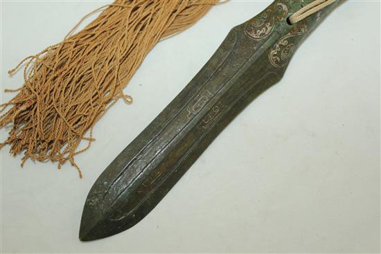 A Chinese silver inlaid bronze spear head, in Han dynasty style, 20cm